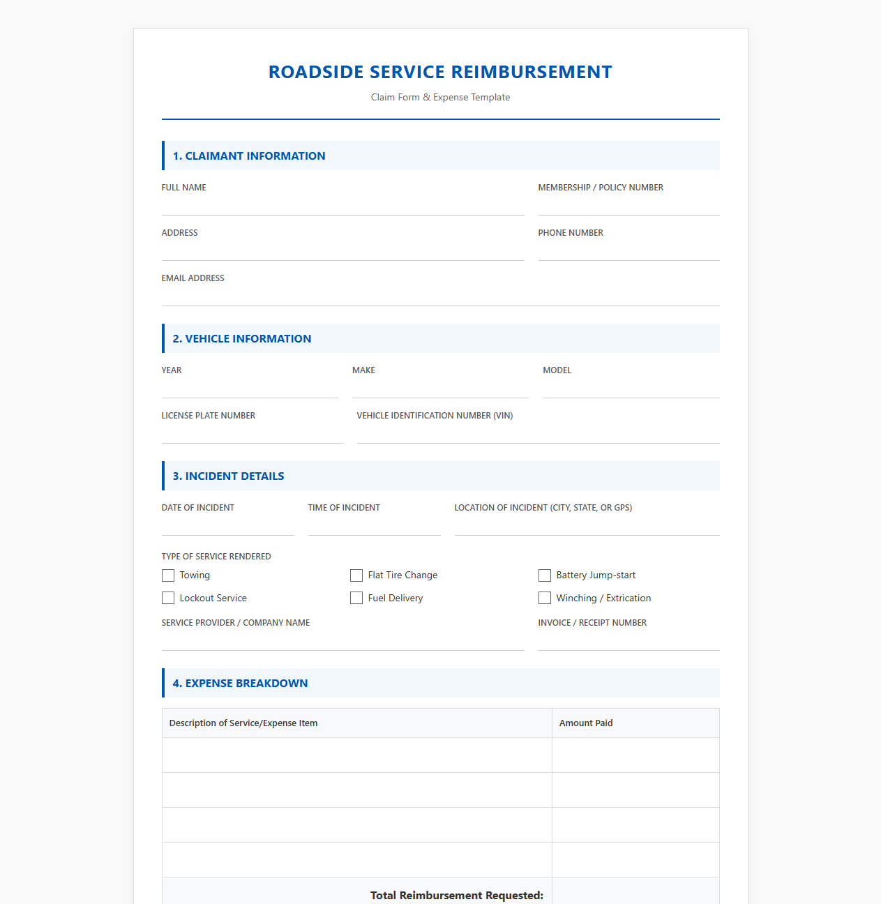 Roadside Service Reimbursement Template