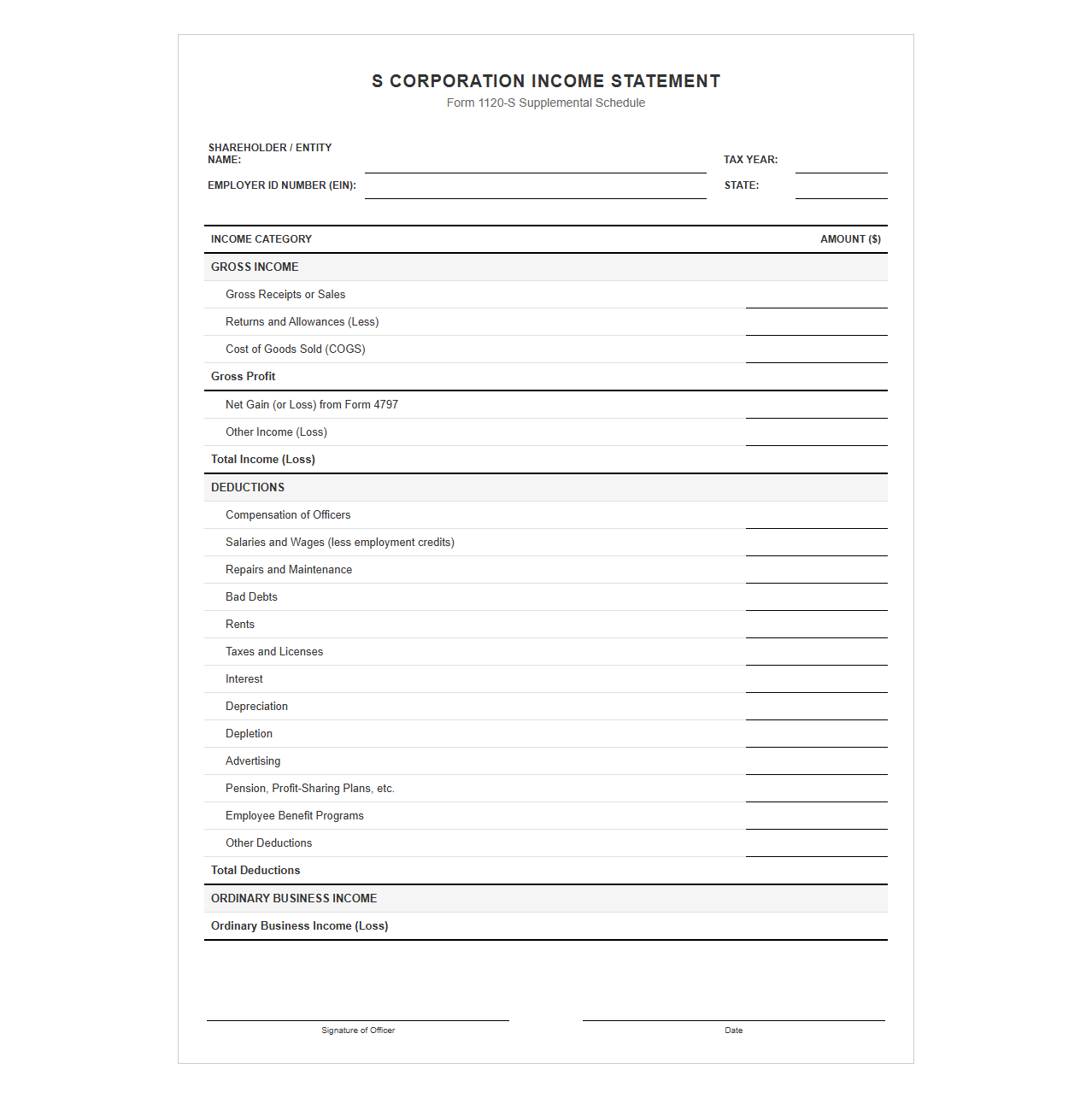 S Corp Income Tax Return Statement Template