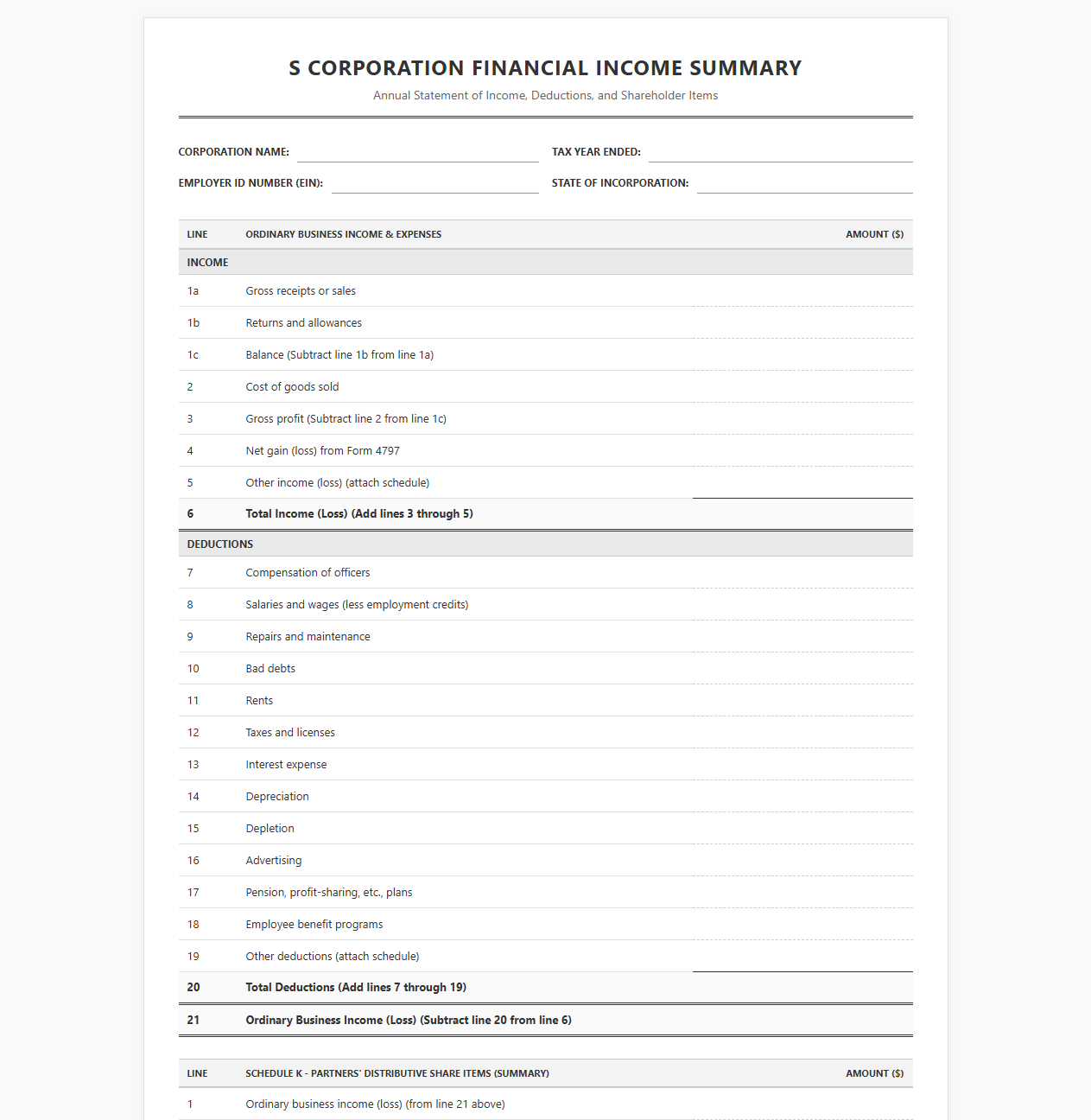 S Corporation Financial Income Summary Template