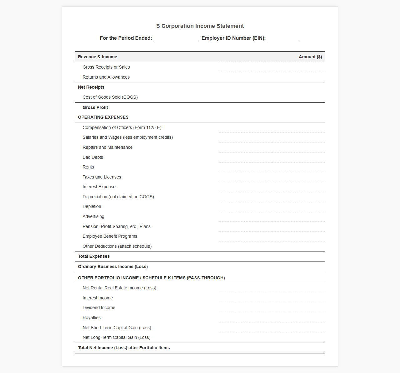 S Corporation Income Statement Template