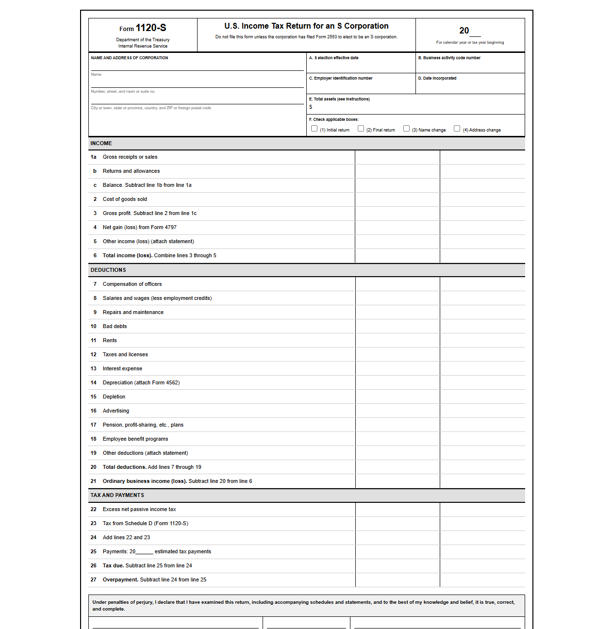 S Corporation Income Tax Return Template