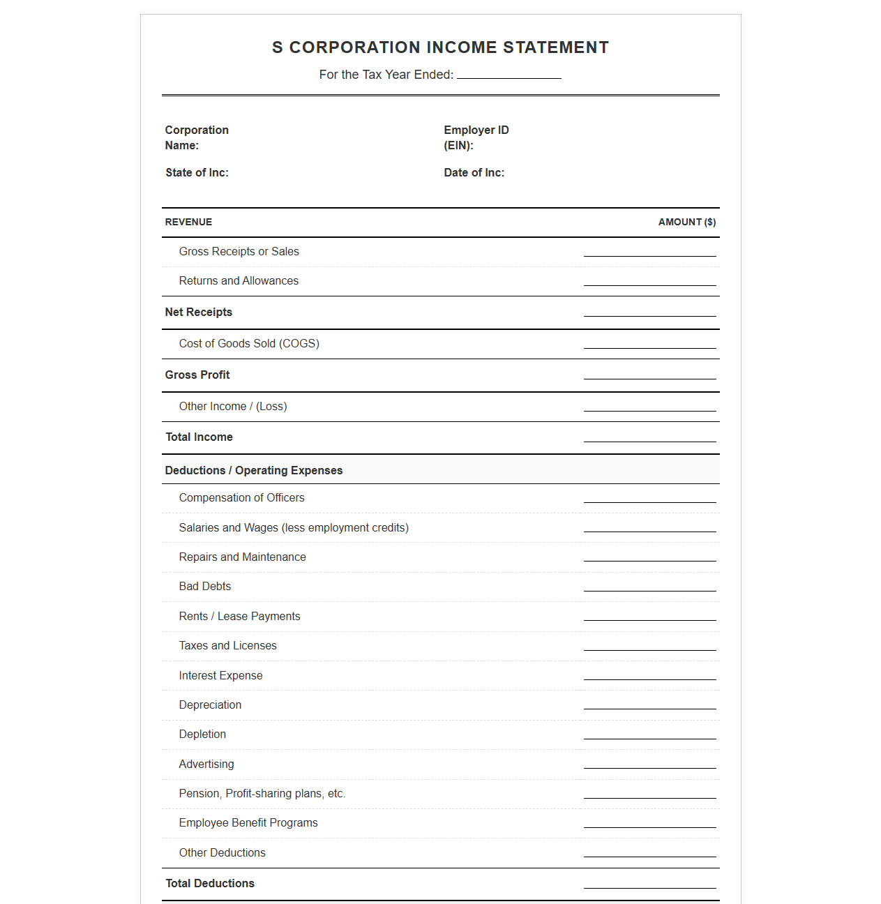 S Corporation Net Income Statement Form