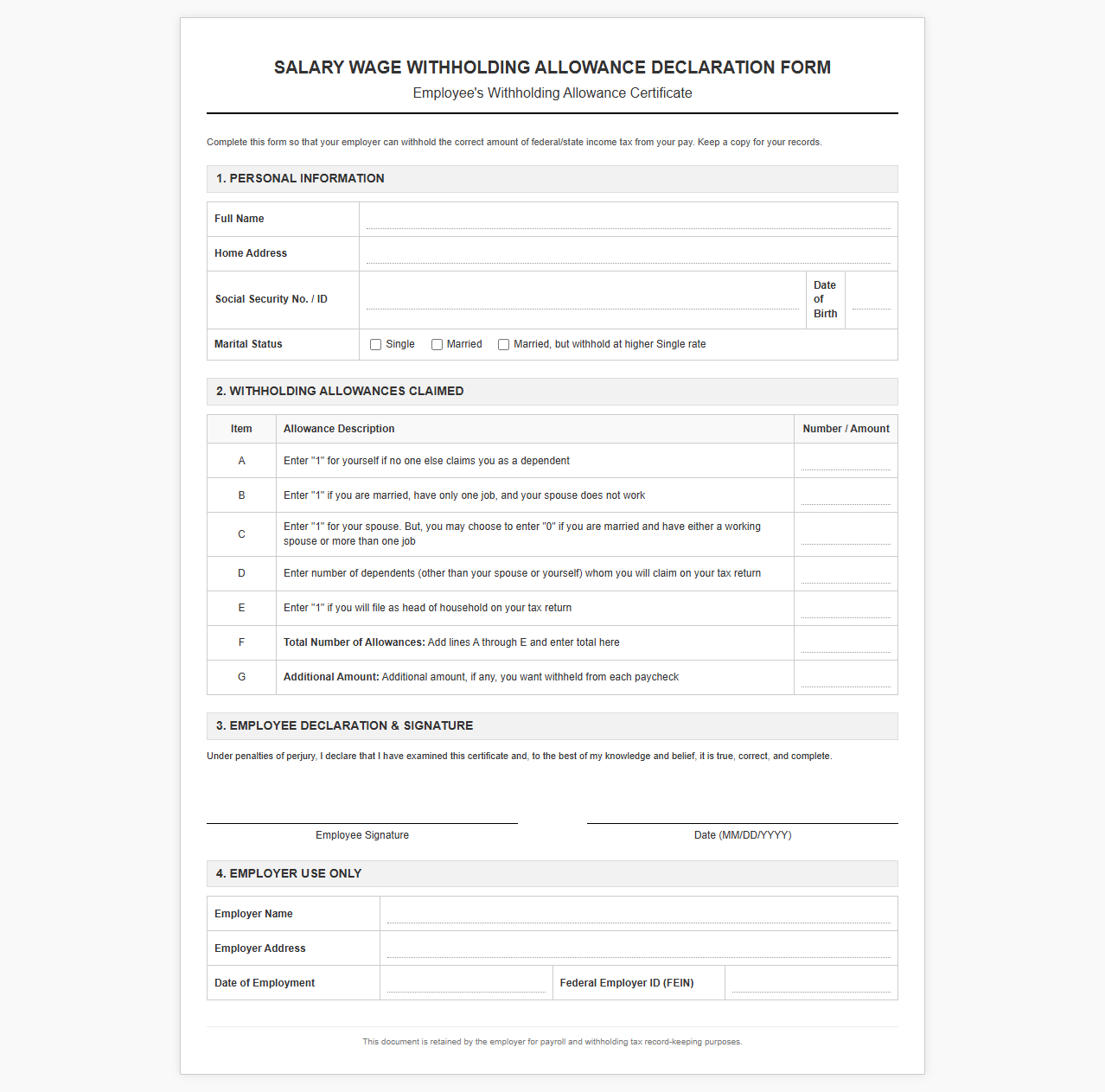 Salary Wage Withholding Allowance Declaration Form