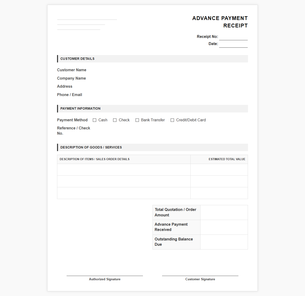 Sales Deposit and Advance Payment Receipt