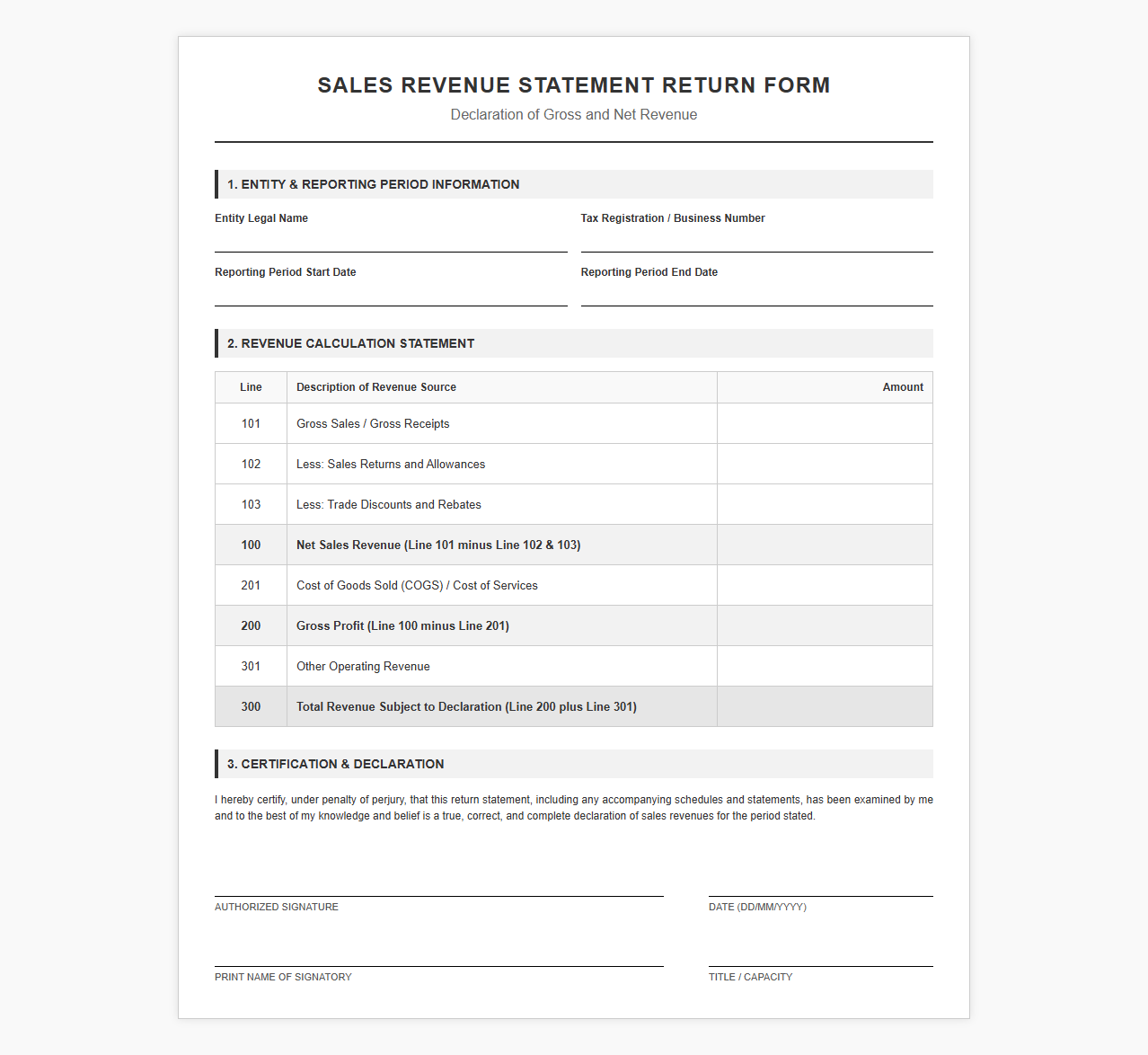 Sales Revenue Statement Return Form