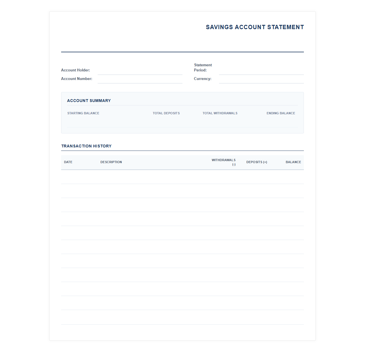 Savings Account Transaction History Template