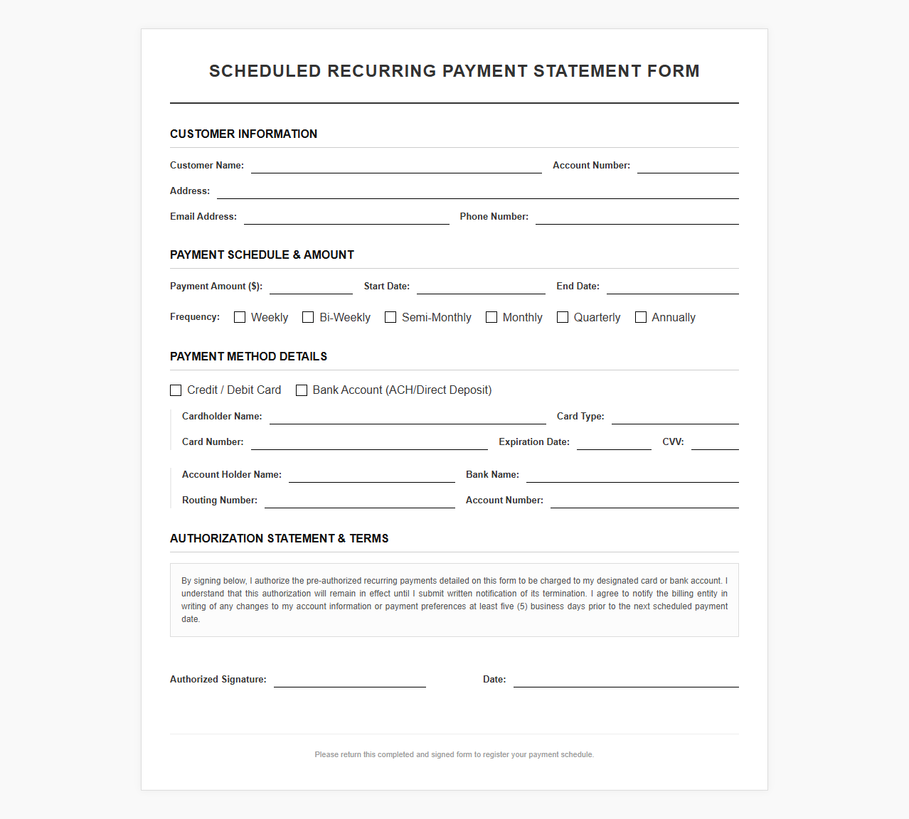 Scheduled Recurring Payment Statement Form