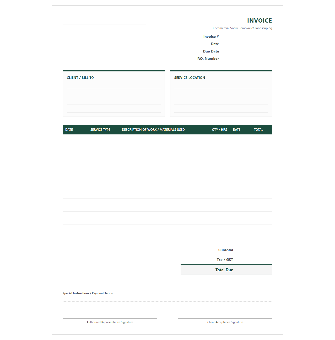Seasonal Commercial Snow Removal and Landscaping Invoice