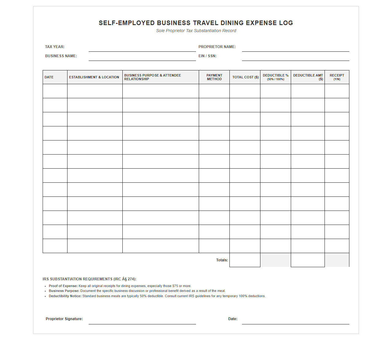 Self-Employed Business Travel Dining Expense Log