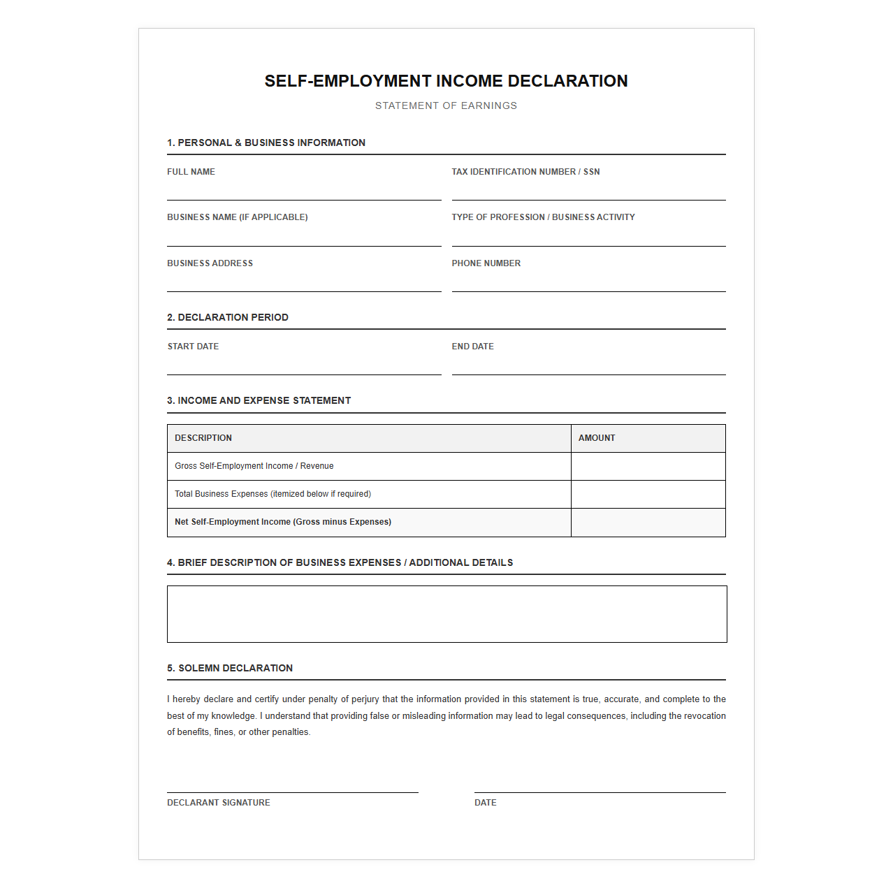 Self-Employed Income Declaration Form