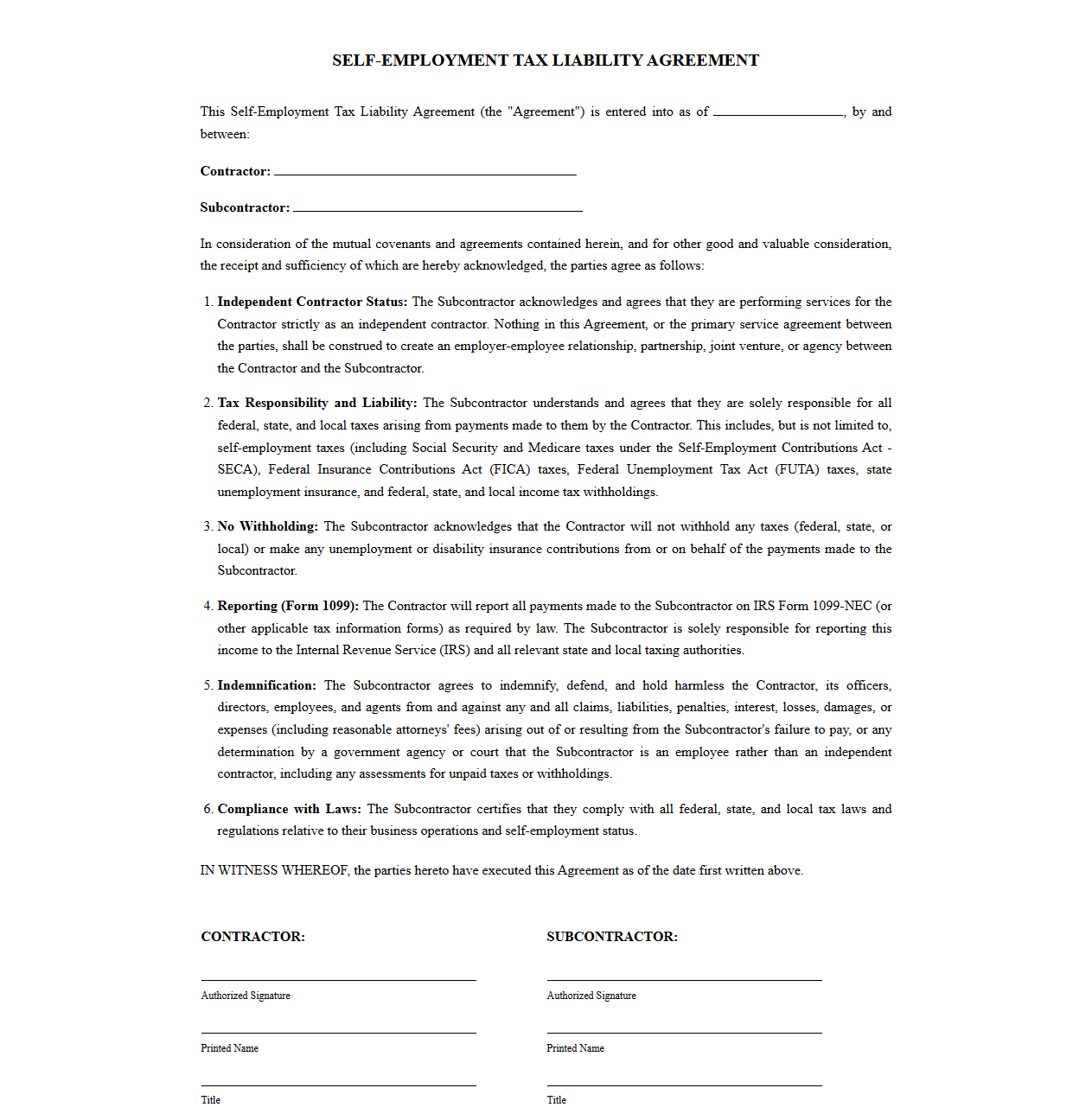 Self Employment Tax Liability Agreement for Subcontractors
