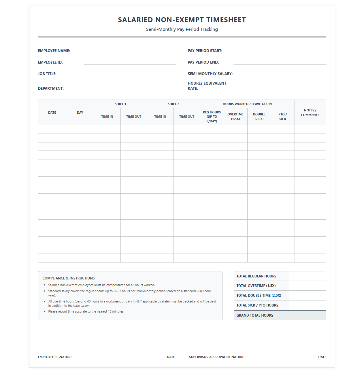 Semi-Monthly Salaried Non-Exempt Payroll Tracking Sheet