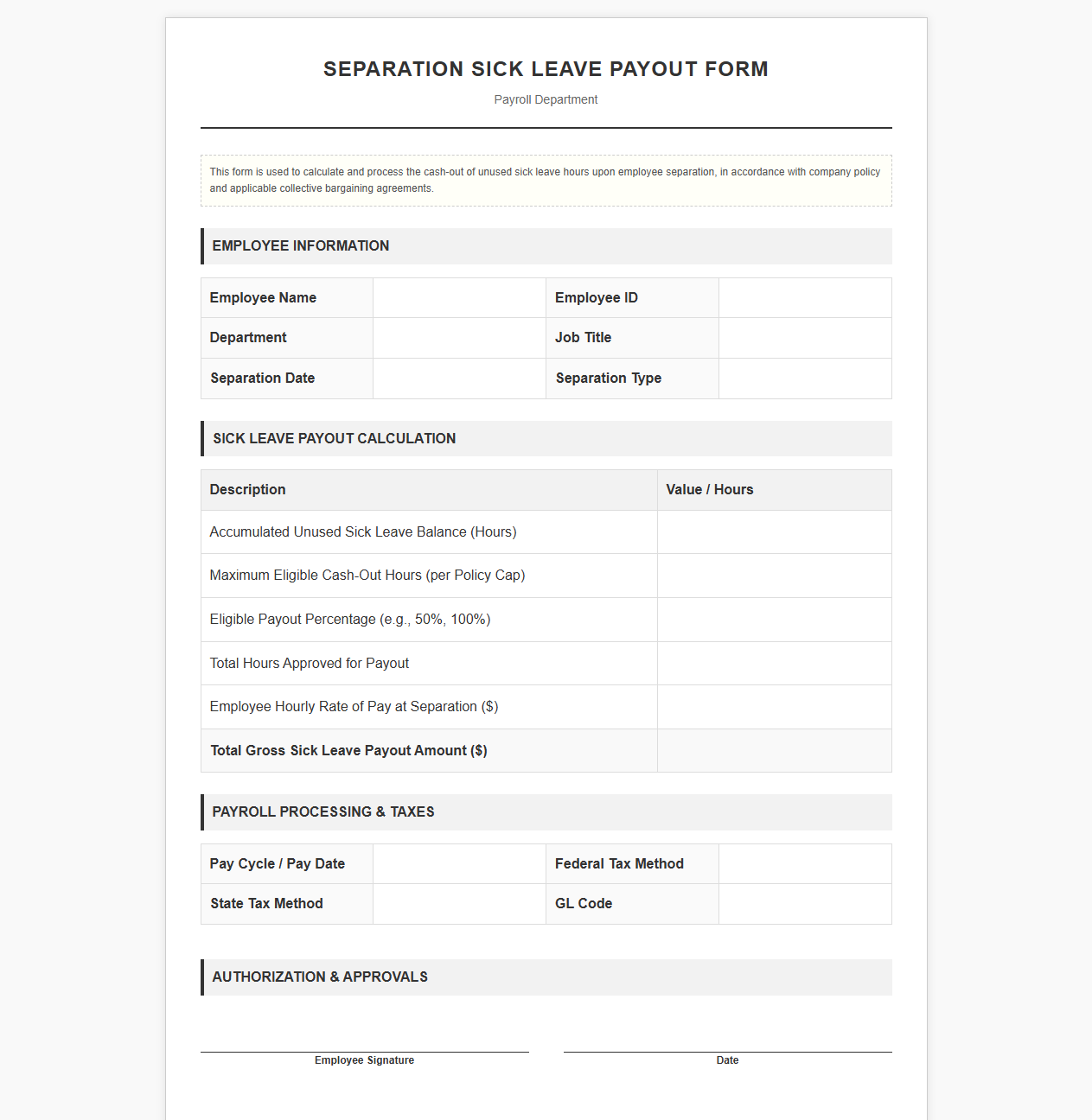 Separation Sick Leave Payout Payroll Form