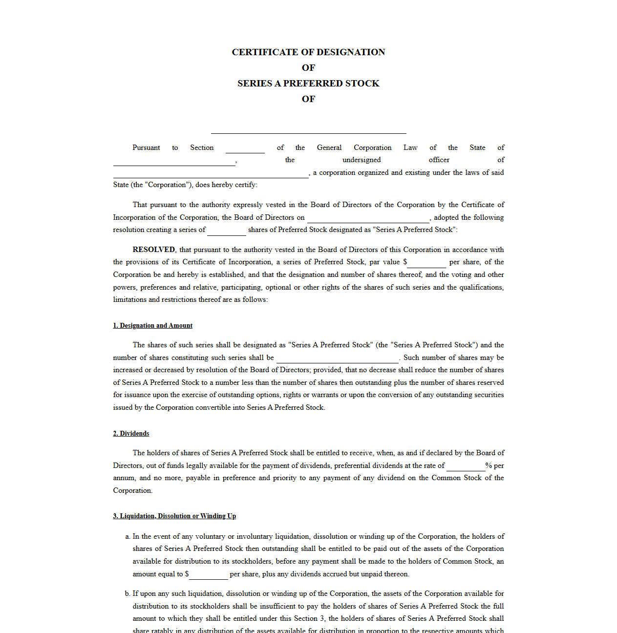 Series A Preferred Stock Certificate of Designation Template