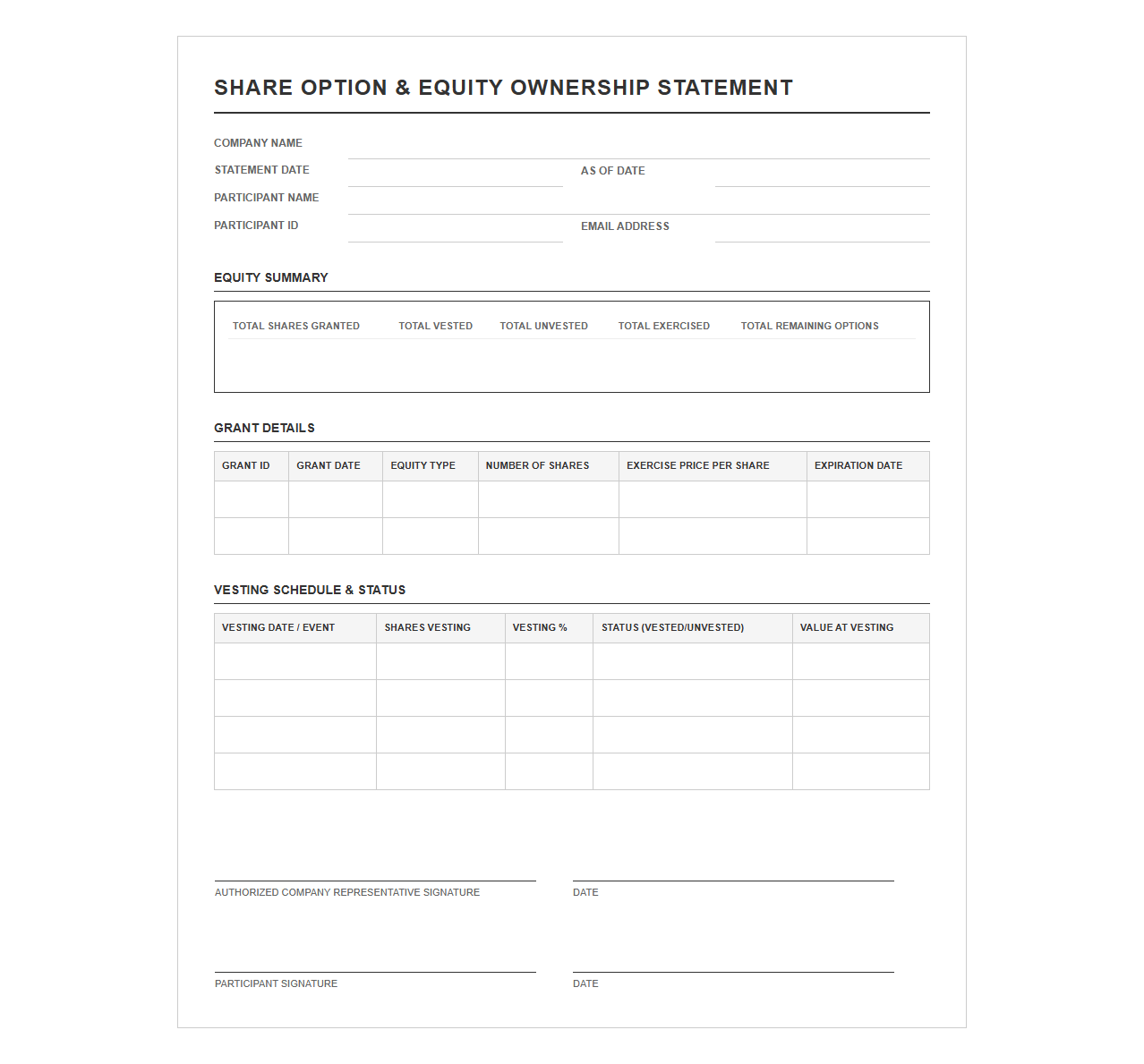 Share Option and Equity Ownership Statement Template