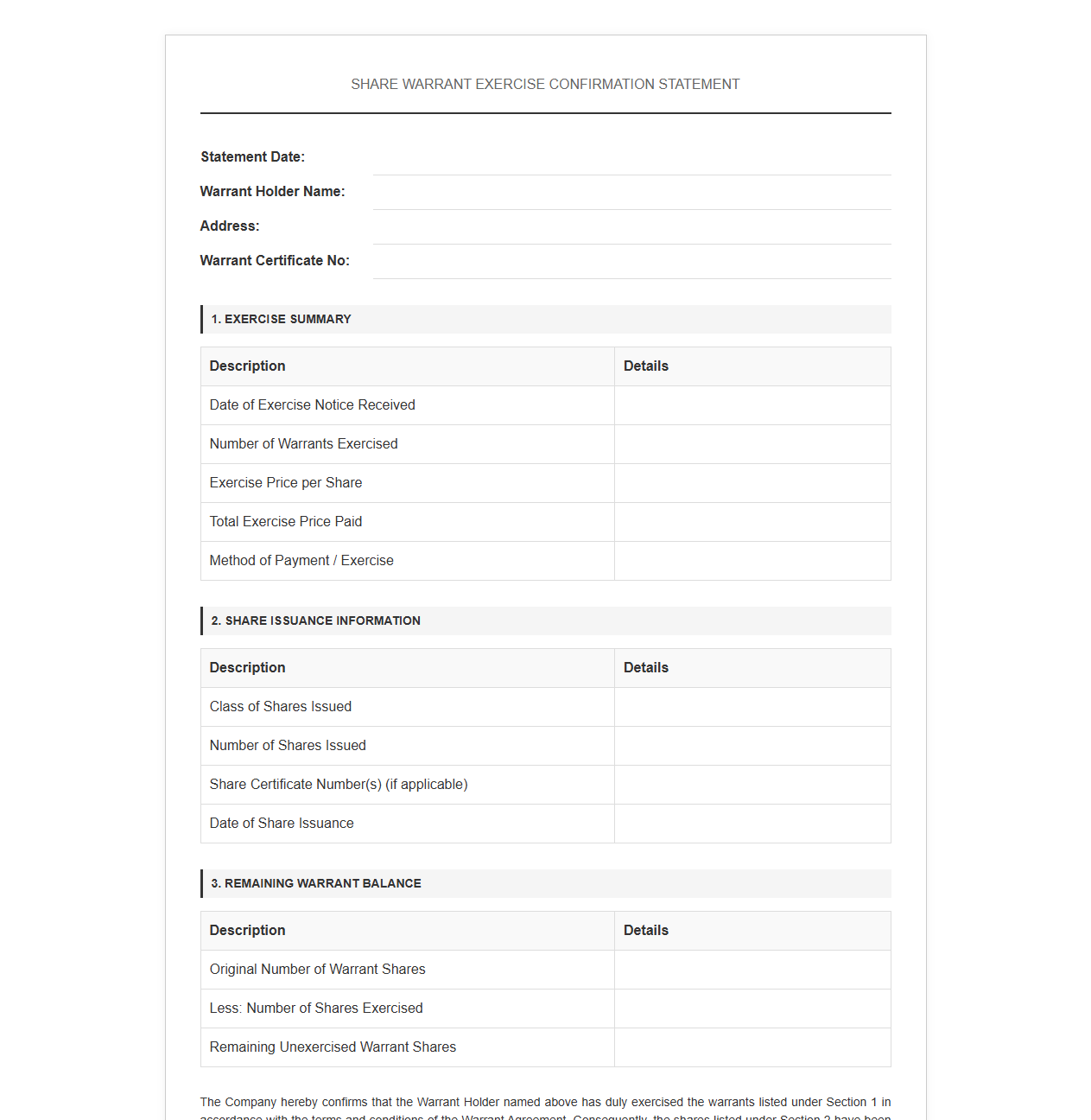 Share Warrant Exercise Confirmation Statement