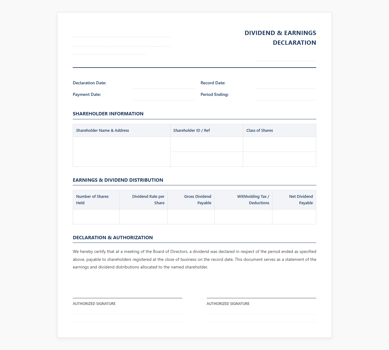 Shareholder Dividend and Earnings Declaration Template