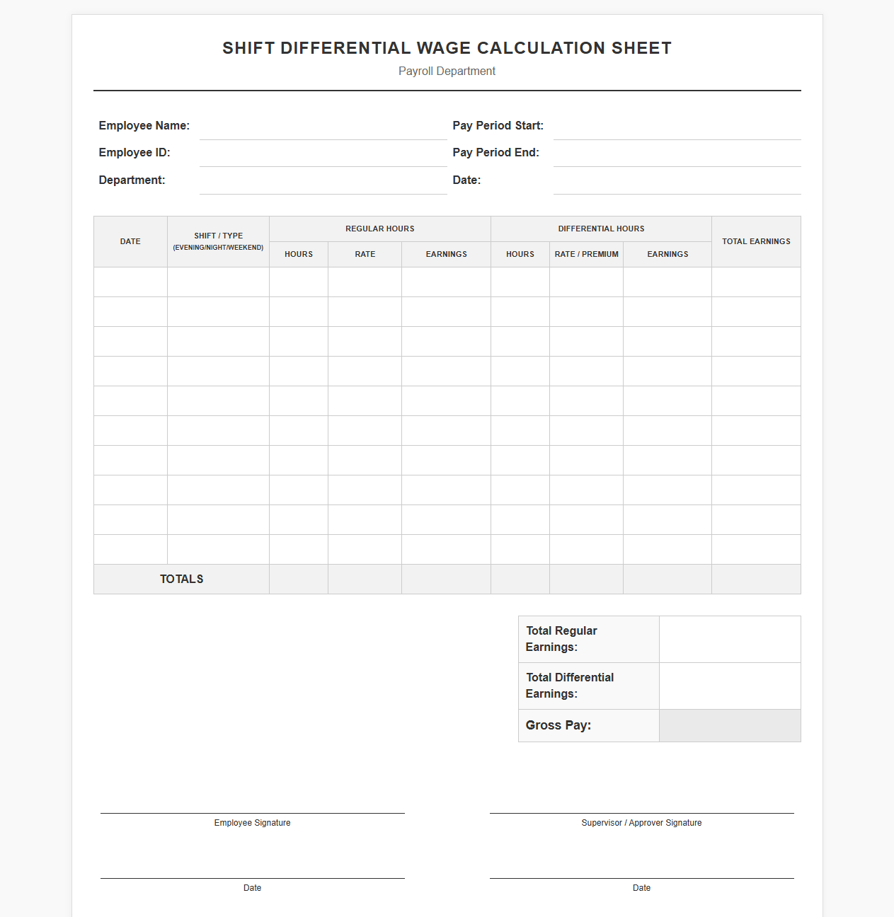 Shift Differential Wage Calculation Sheet