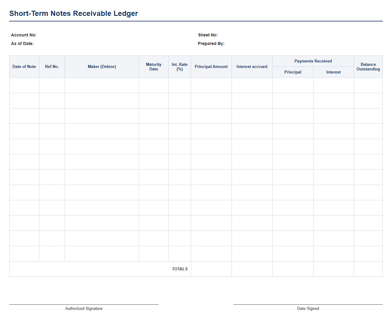 Short Term Notes Receivable Ledger
