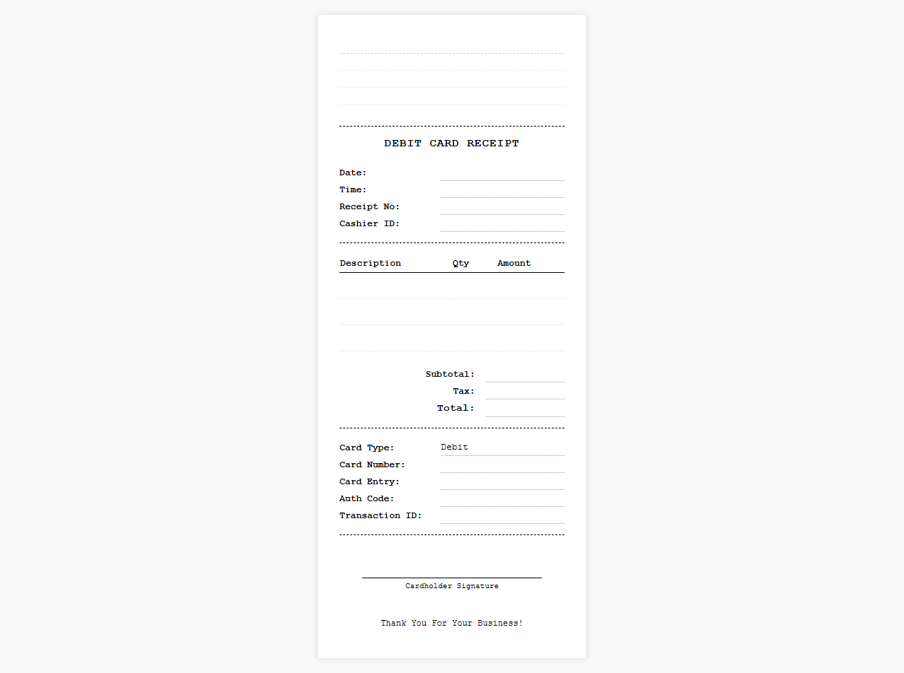 Simple Debit Card Charge Receipt Template
