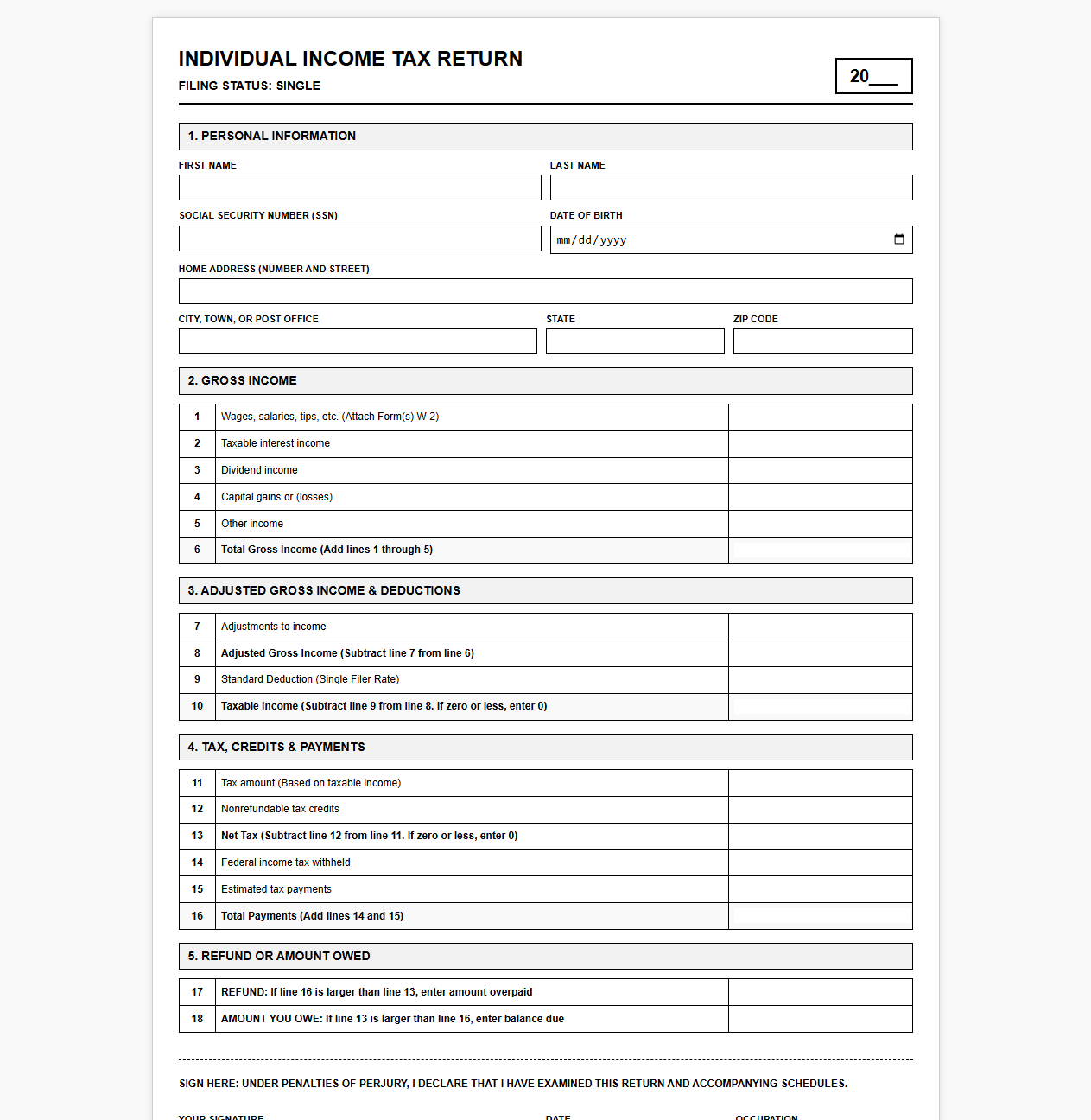 Single Filer Income Tax Return Template