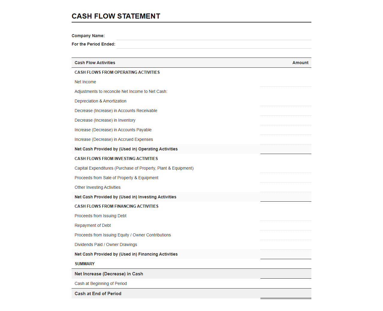Small Business Cash Flow Statement Template
