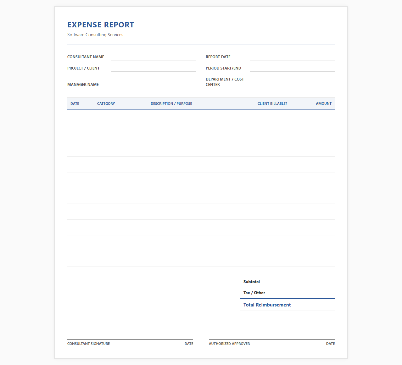 Software Consulting Expense Report Template