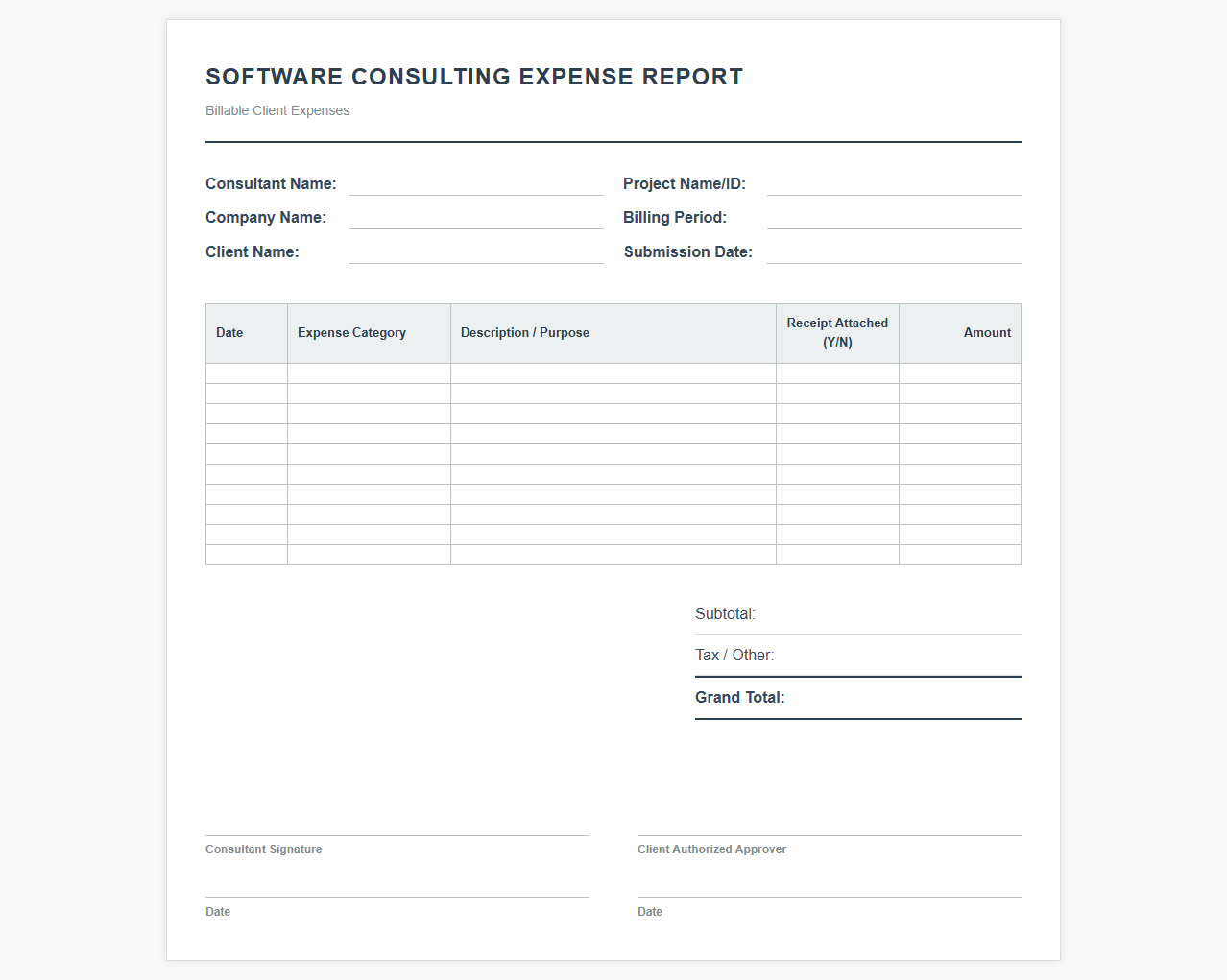 Software Development Billable Client Expense Template