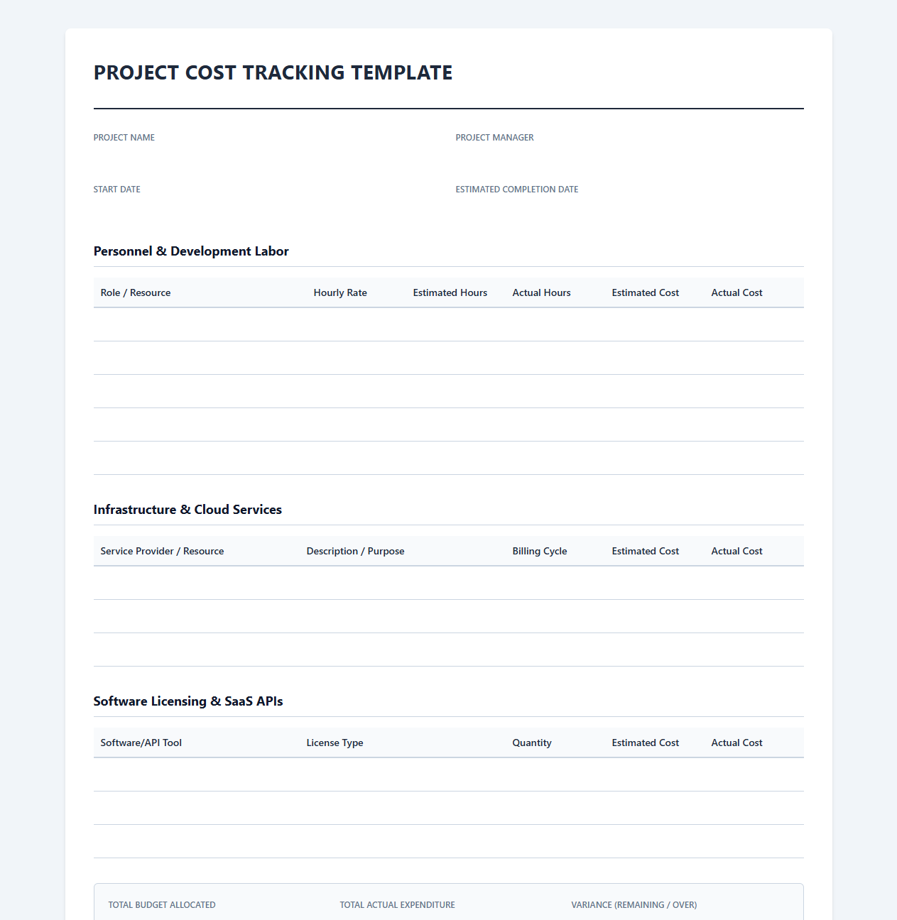 Software Engineering Project Cost Tracking Template