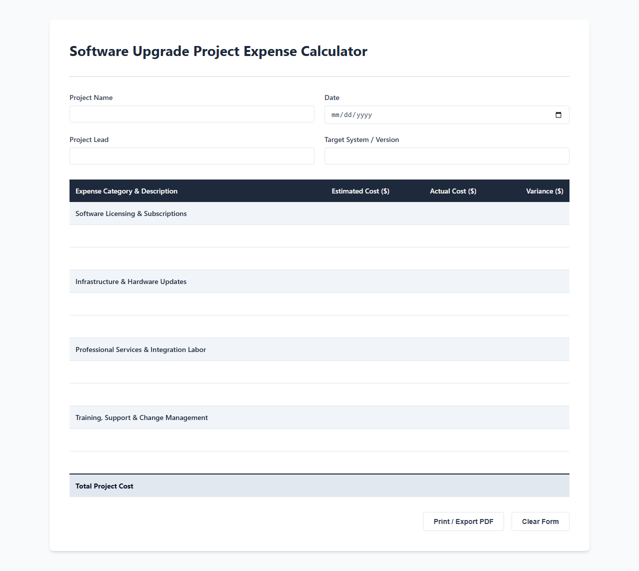 Software Upgrade Project Expense Calculator