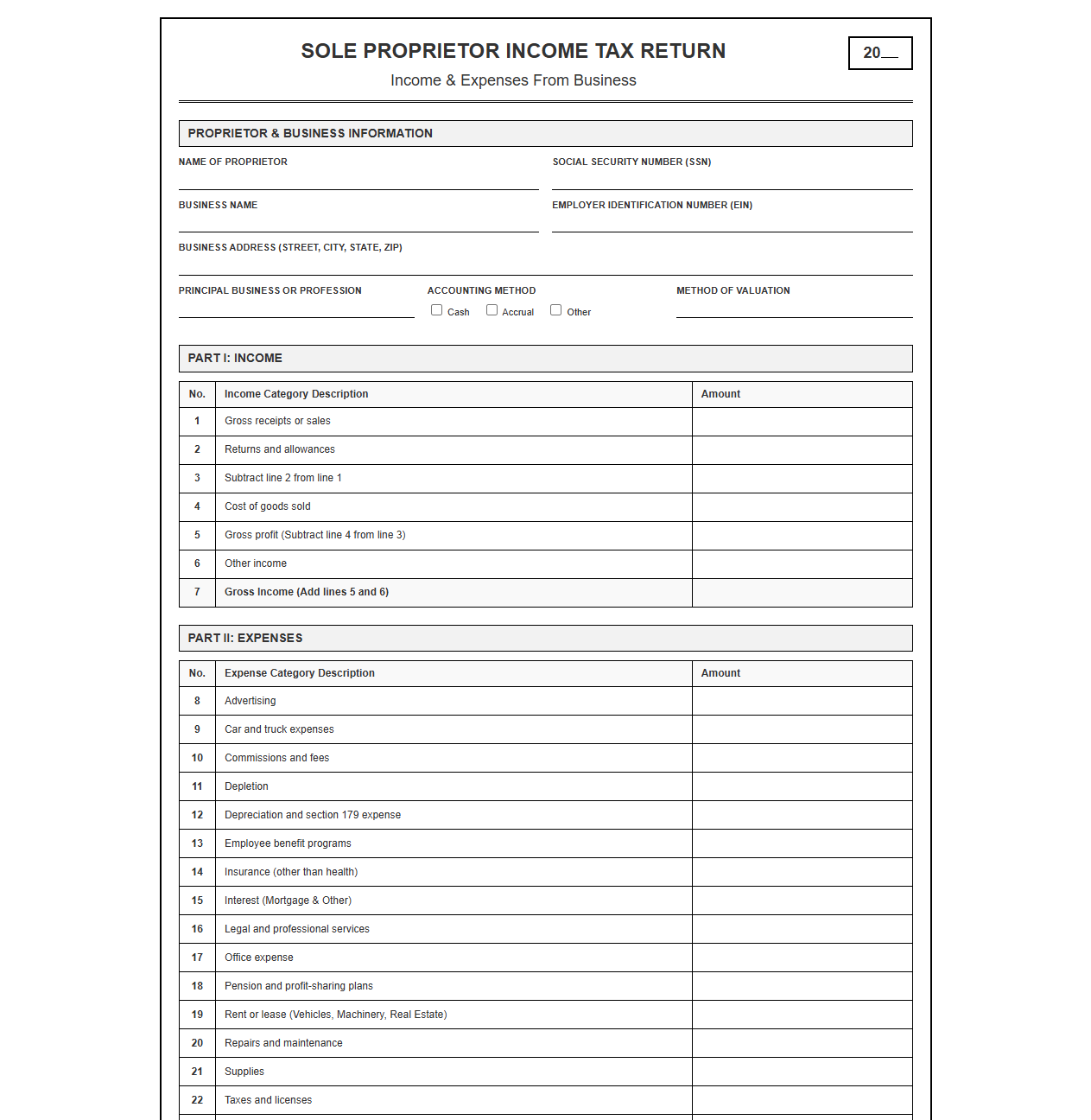 Sole Proprietor Income Tax Return Template