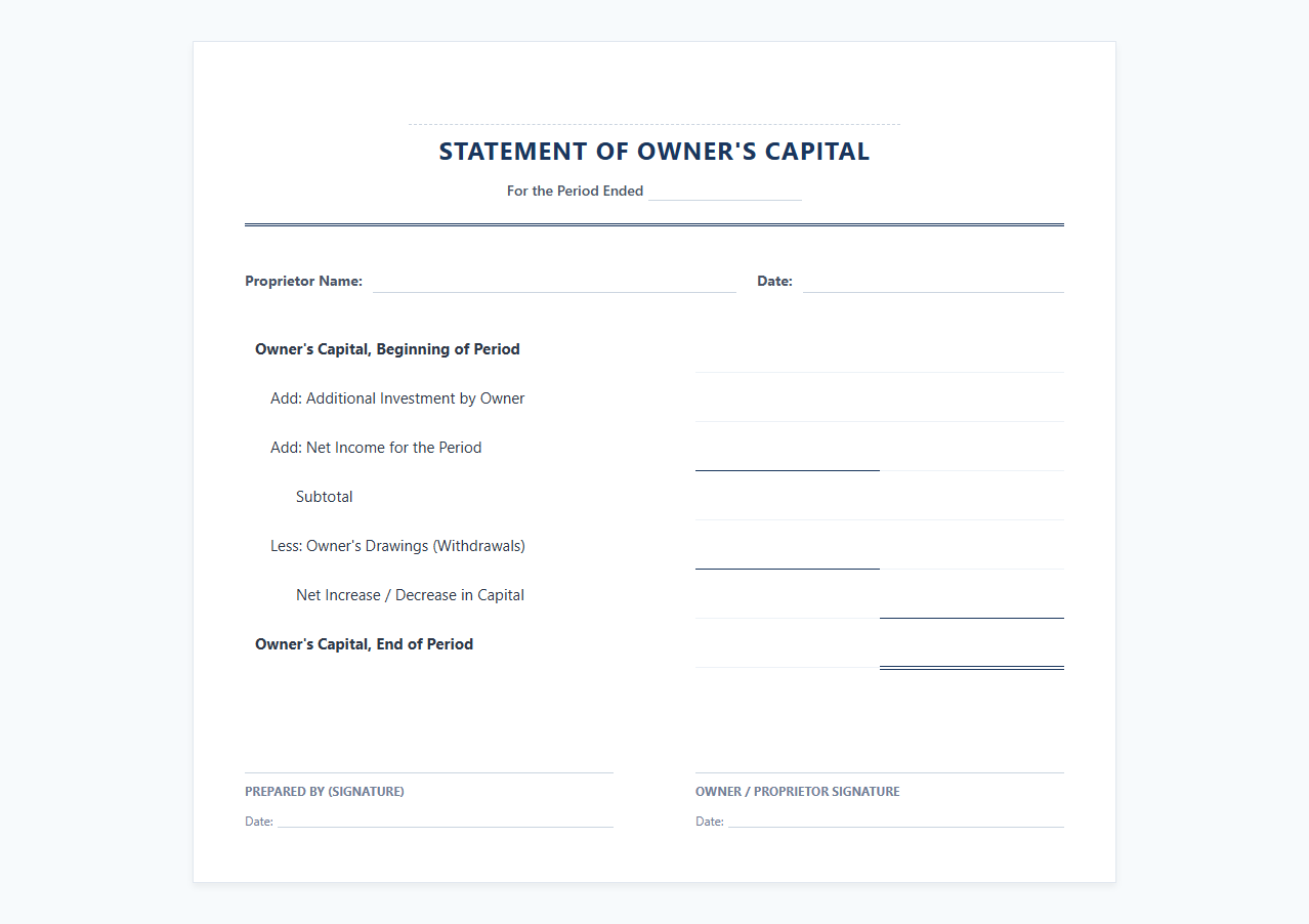 Sole Proprietorship Capital Statement Template