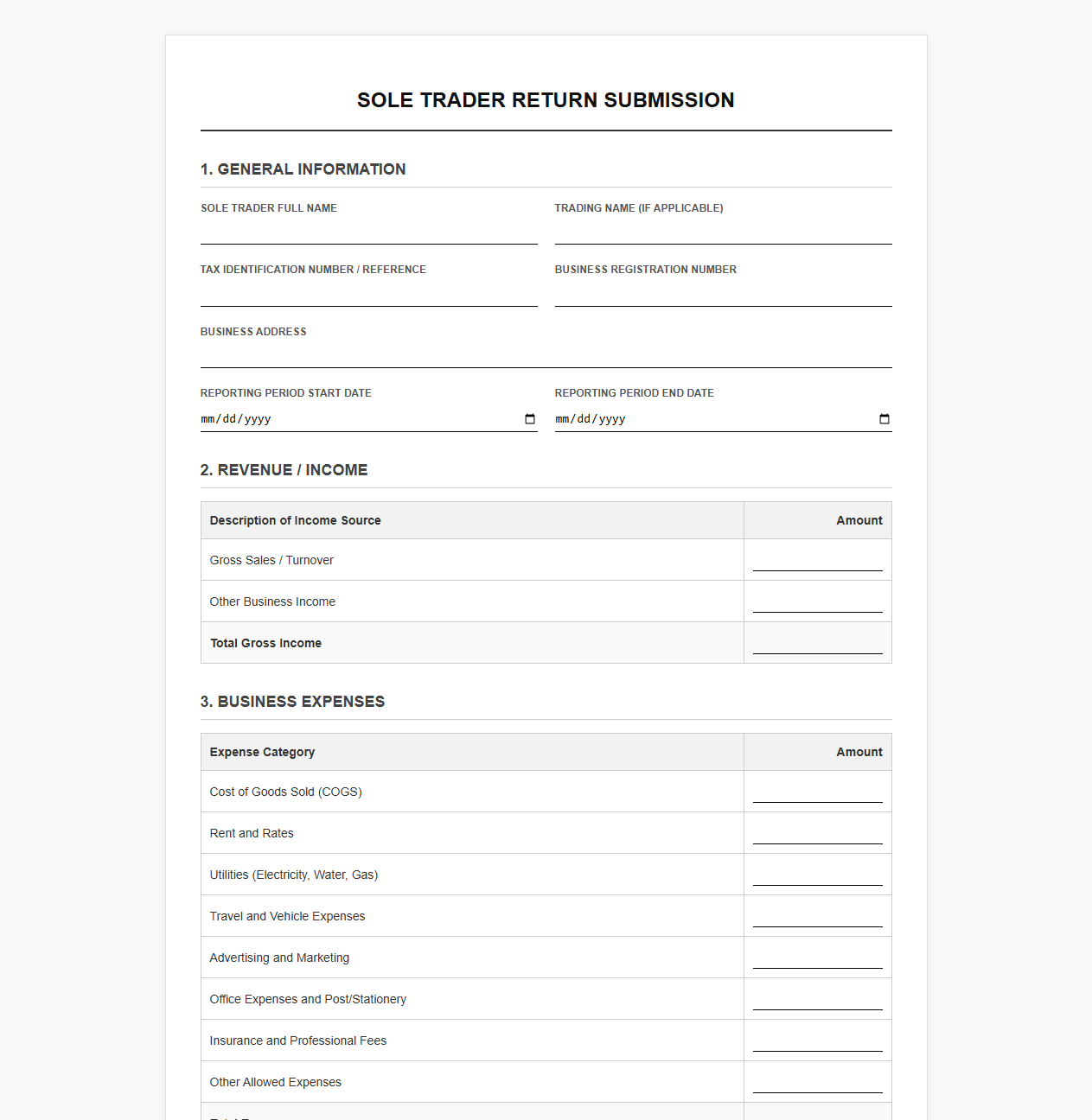 Sole Trader Return Submission Template