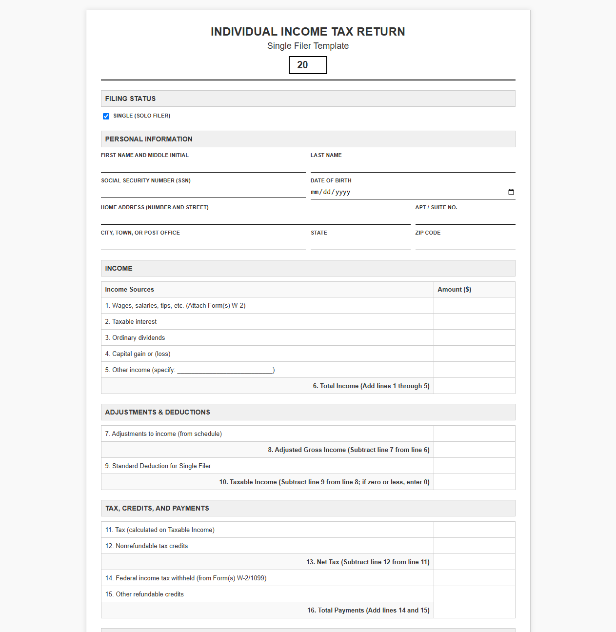Solo Filer Tax Return Template
