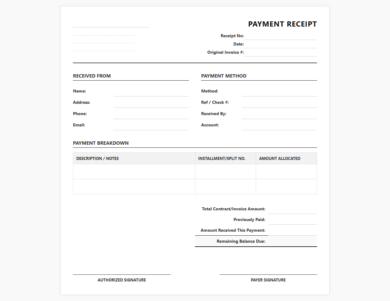 Split Payment Receipt Form