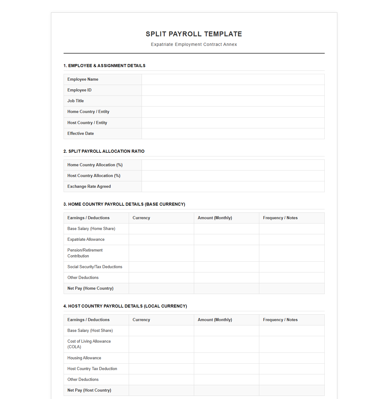 Split Payroll Template for Expatriate Employment Contracts