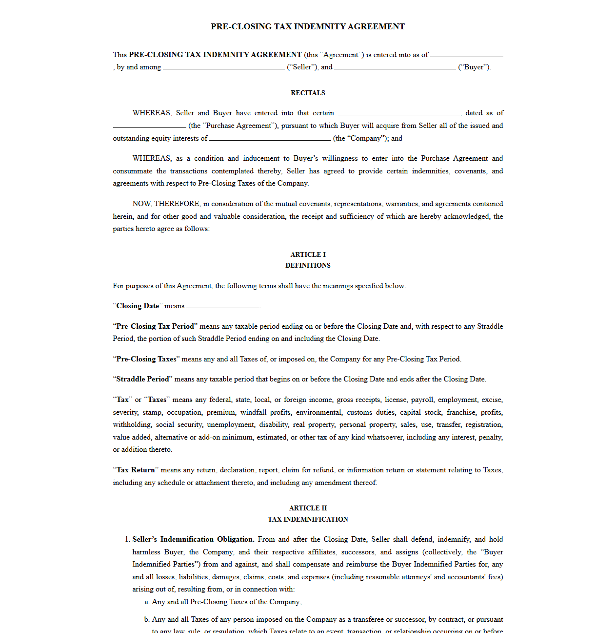 Standalone Pre-Closing Tax Indemnity Agreement