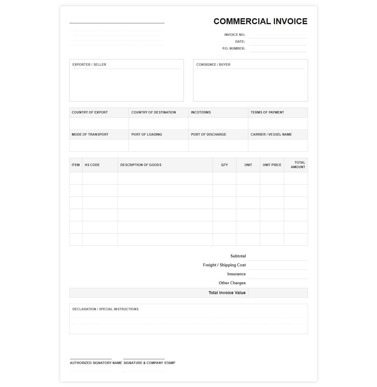 Standard Commercial Goods Sales Invoice Template