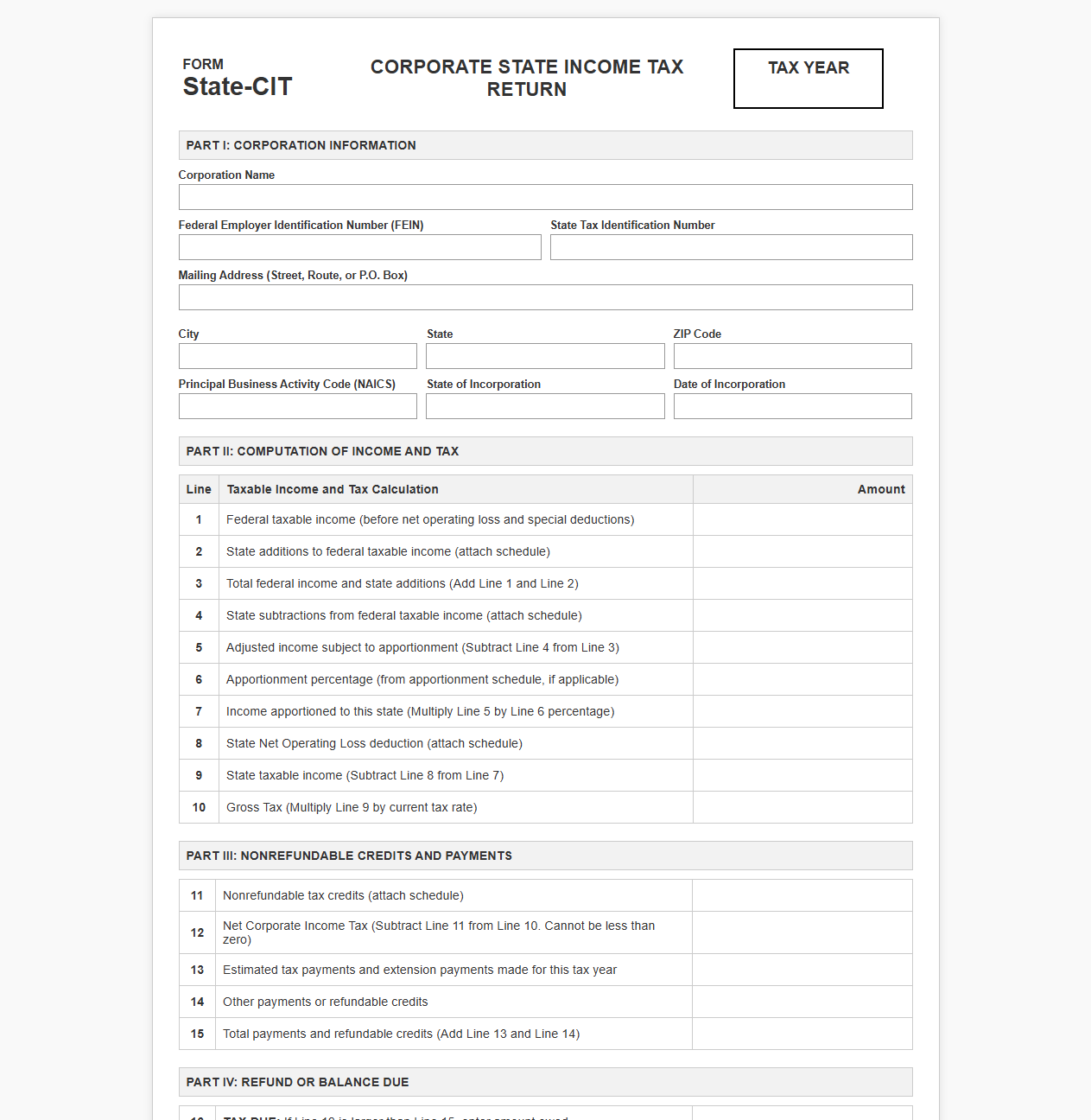 Standard Corporate State Income Tax Reporting Template