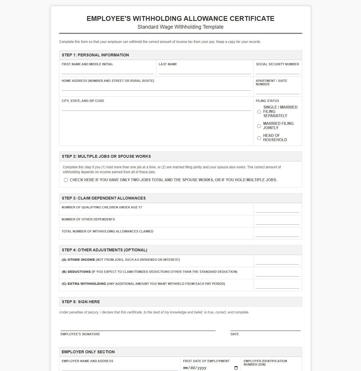 Standard Employee Wage Withholding Certificate Template
