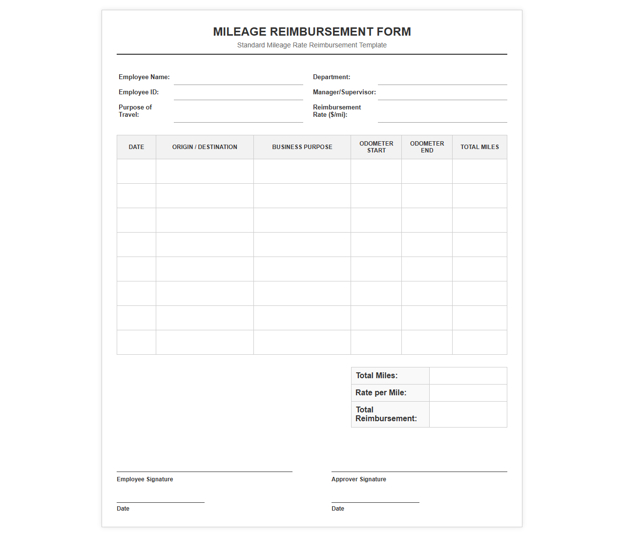 Standard Mileage Rate Reimbursement Template