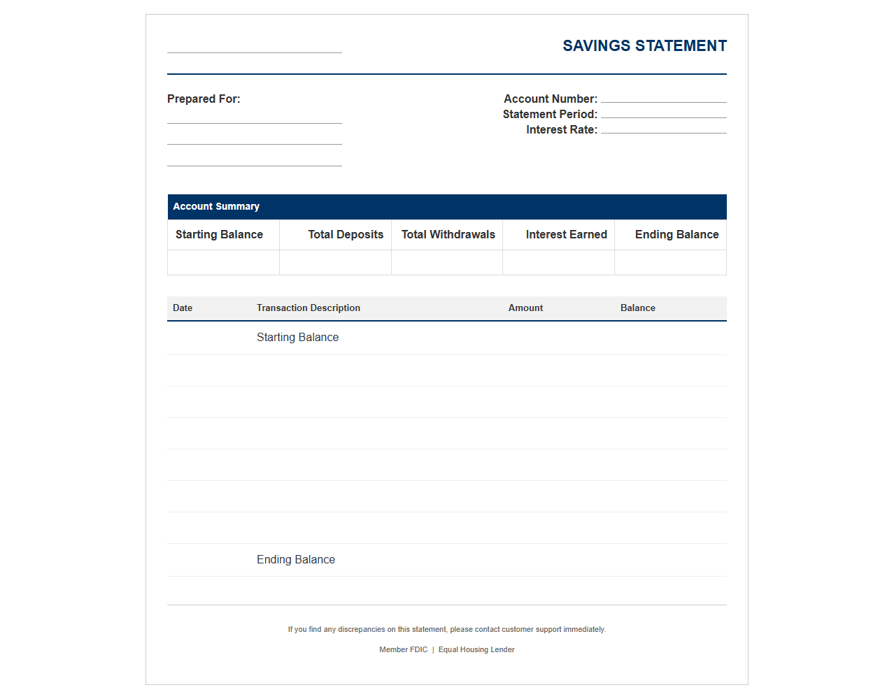 Standard Savings Statement Document
