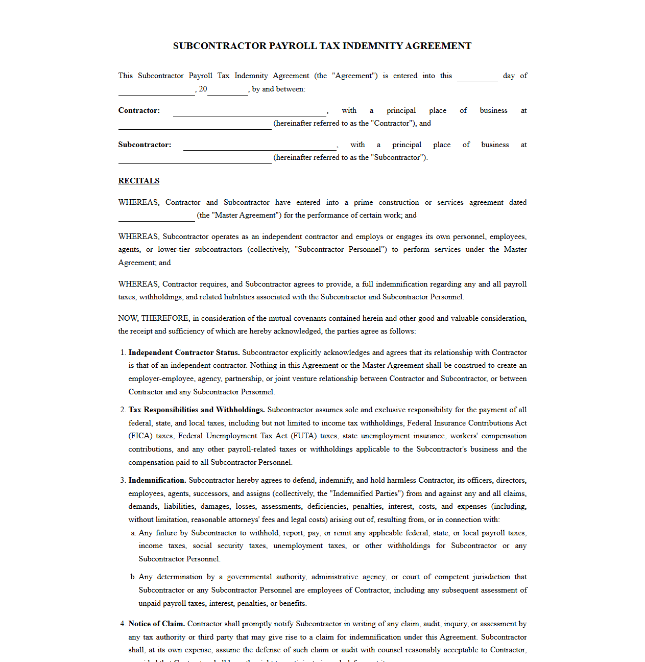 Standard Subcontractor Payroll Tax Indemnity Contract
