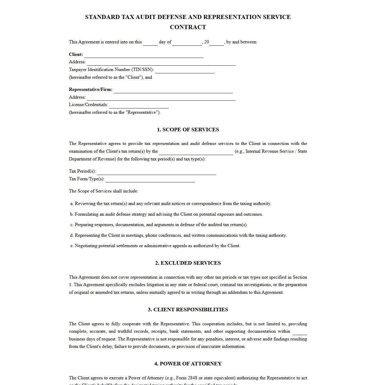 Standard Tax Audit Defense and Representation Service Contract
