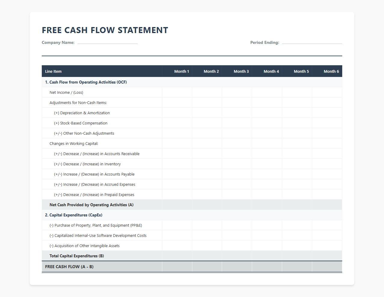 Startup Free Cash Flow Statement Template