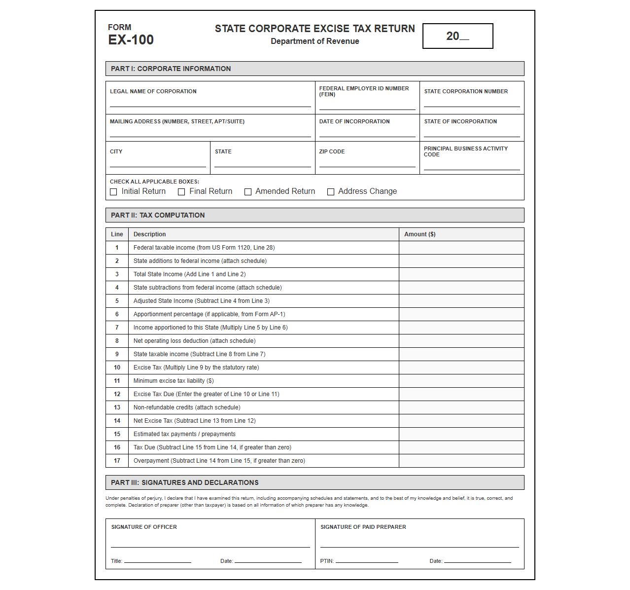 State Corporate Excise Tax Return Template