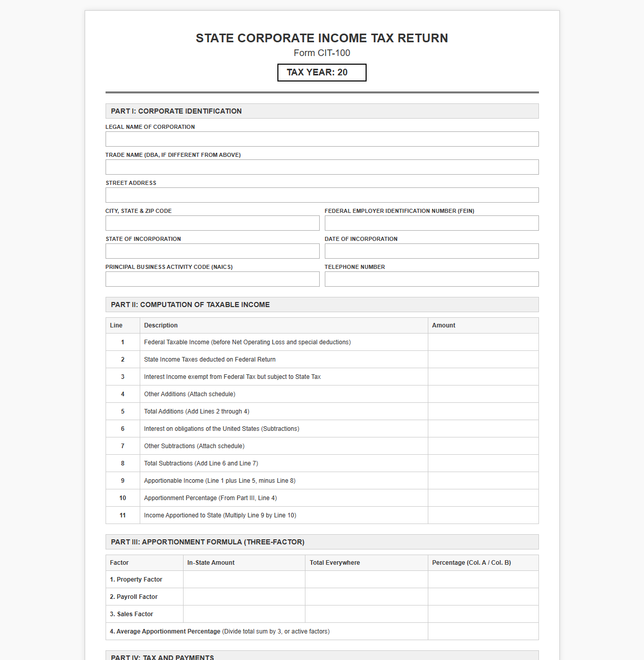 State Corporate Income Tax Declaration Template