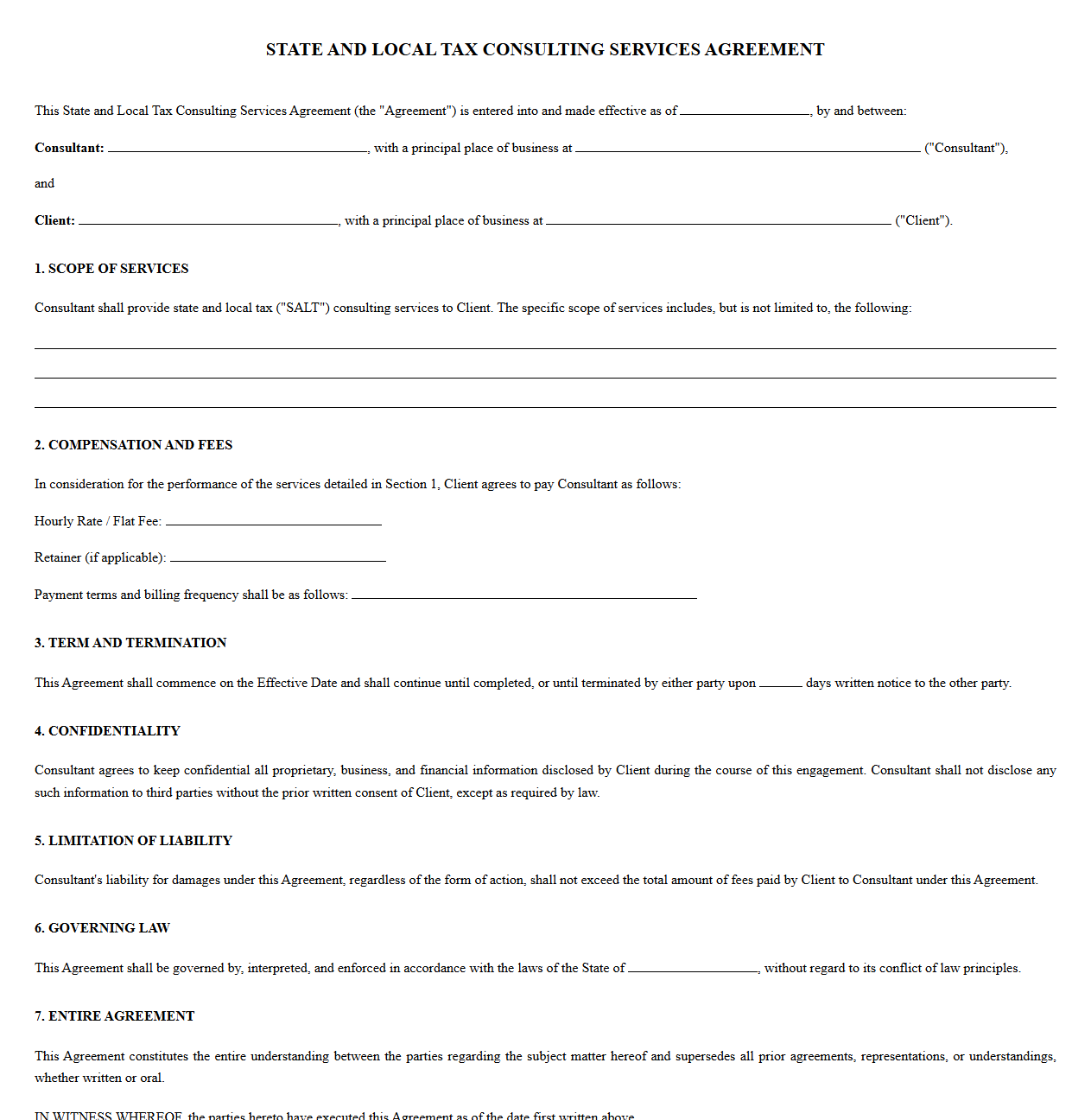 State and Local Tax Consulting Contract Template