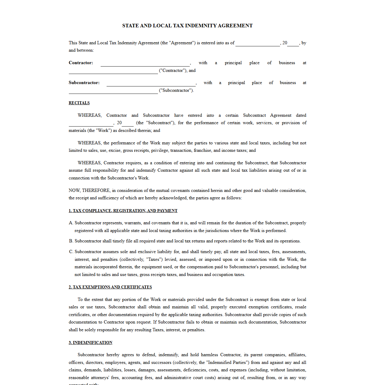 State and Local Tax Indemnity Agreement for Subcontractors