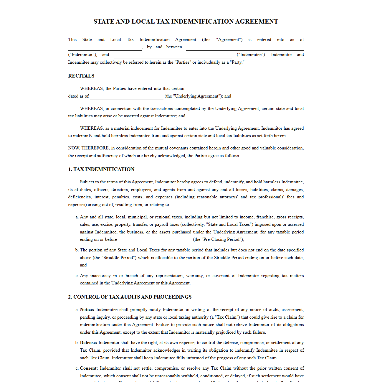 State and Local Tax Indemnity Agreement Template